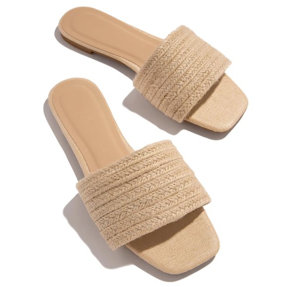 NEW🔥 Natural Woven Jute Raffia Slides Flat Sandal Flip Flops Square Open Toe - Picture 3 of 5